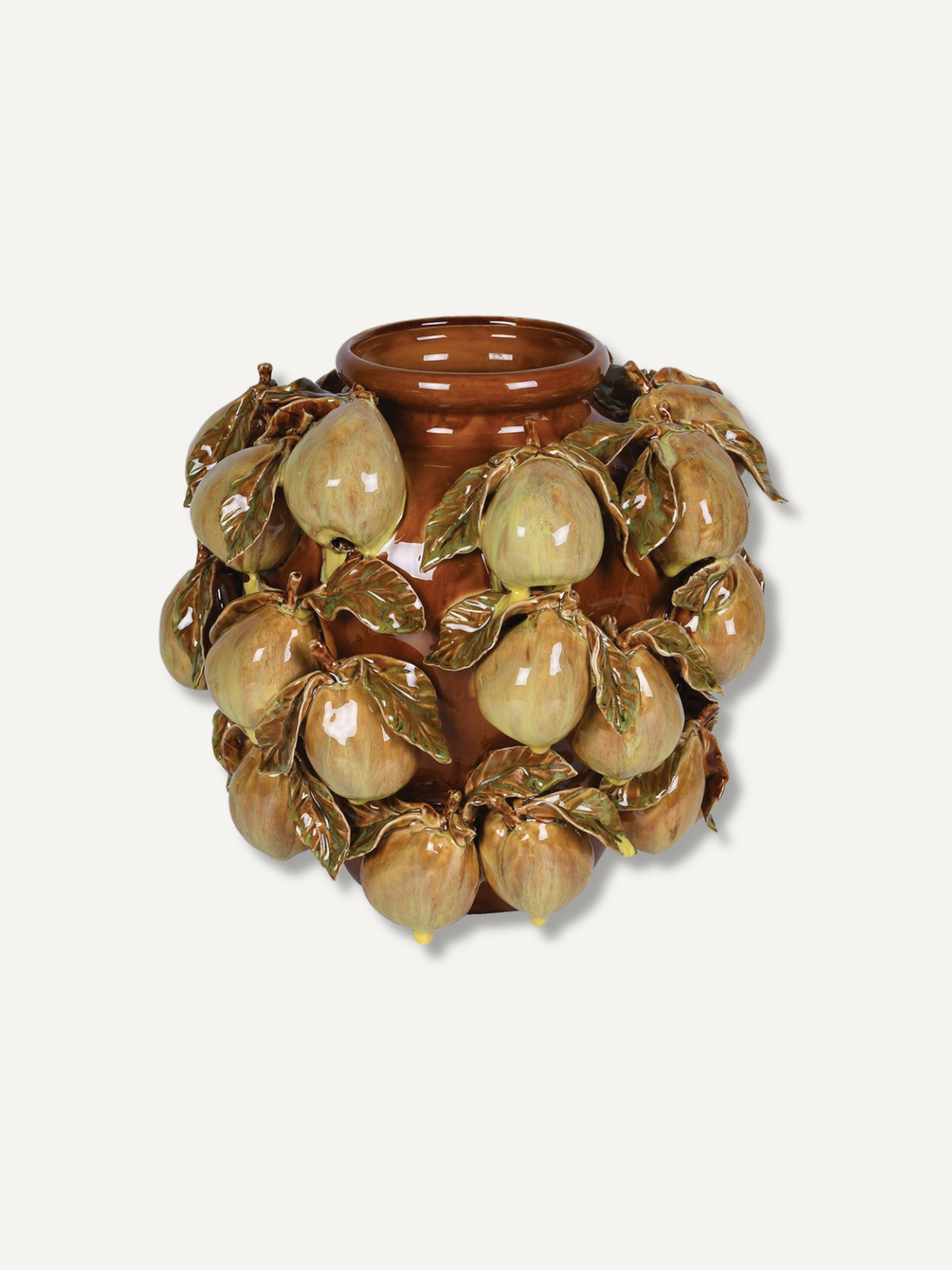 A glazed ceramic fruit vase featuring sculpted pears and leaves in earthy brown and olive-green tones, shown against a plain light background.