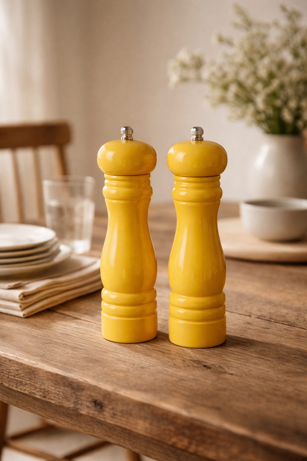 Two yellow salt and pepper shakers on a wooden table with a blurred background.