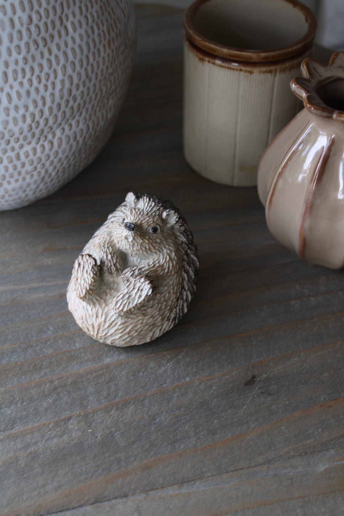 Resin hedgehog figurine on a textured surface with ceramic containers in the background