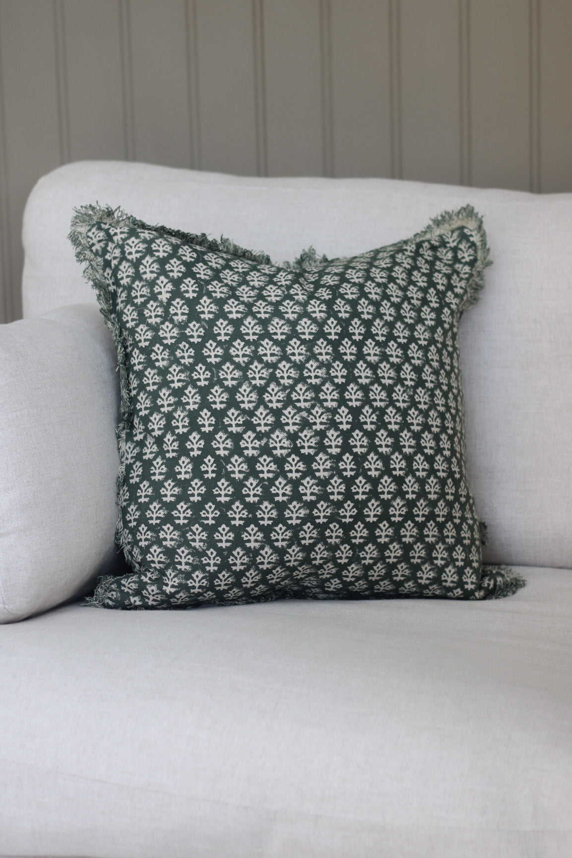 Hunter Green Block Print Fringed Cushion for home decor