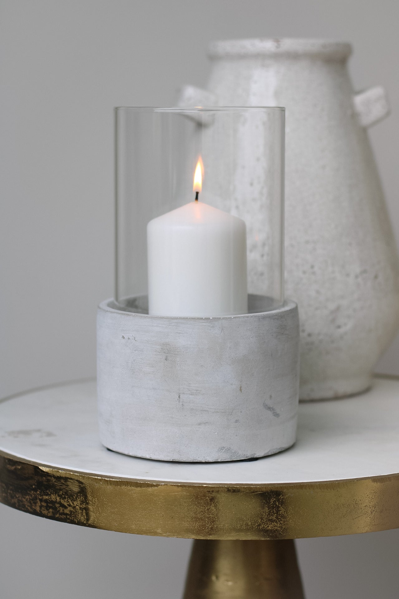 Hurricane Glass Lantern with Cement Base