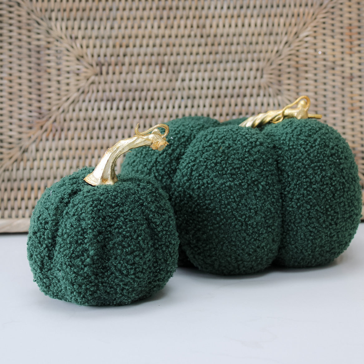 Moss Boucle Pumpkins with Gold Stalk | Set of 2