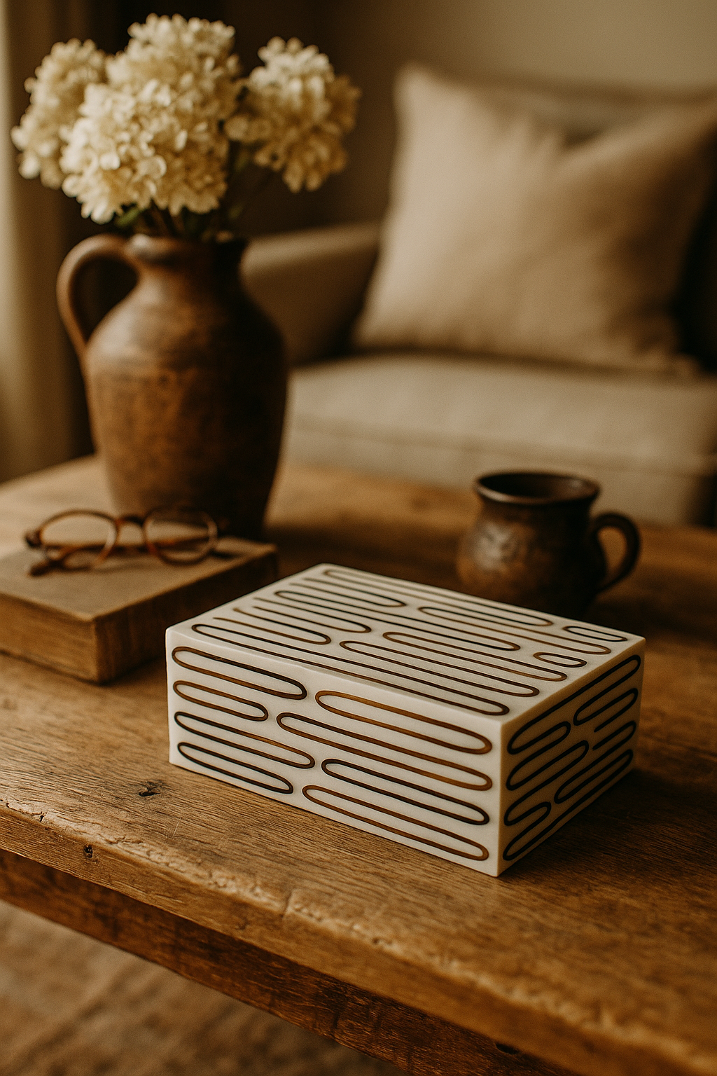 Decorative box on a wooden table with a vase of flowers and a cup in the background.