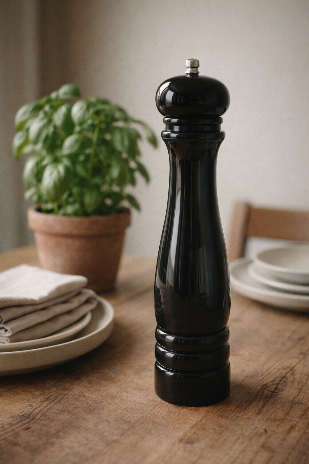 Black pepper grinder on a wooden table with a plant and plates in the background