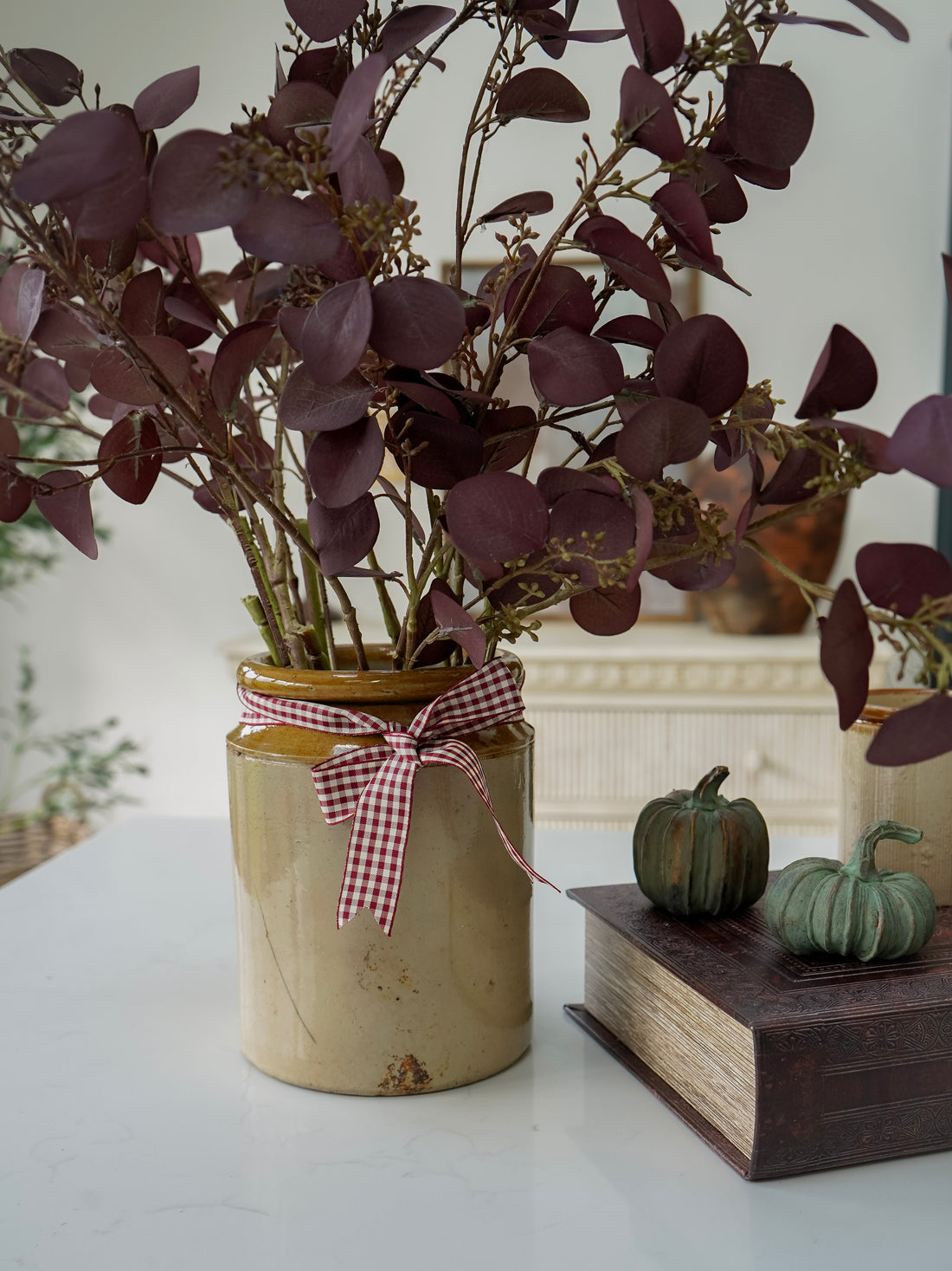 Decorative setup with potted plants, pumpkins, and a book on a white surface.