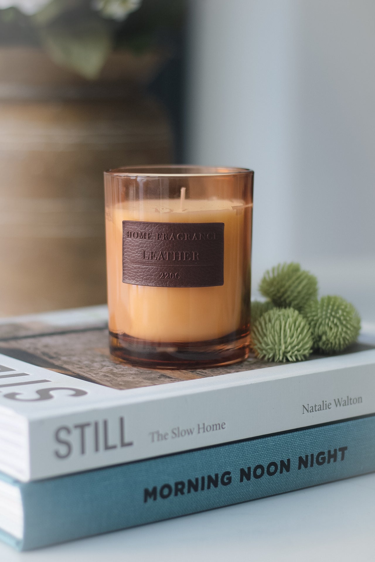 Leather scented candle in glass jar
