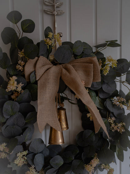 Luxury Faux Christmas Eucalyptus Wreath with Burlap Bow and Bells