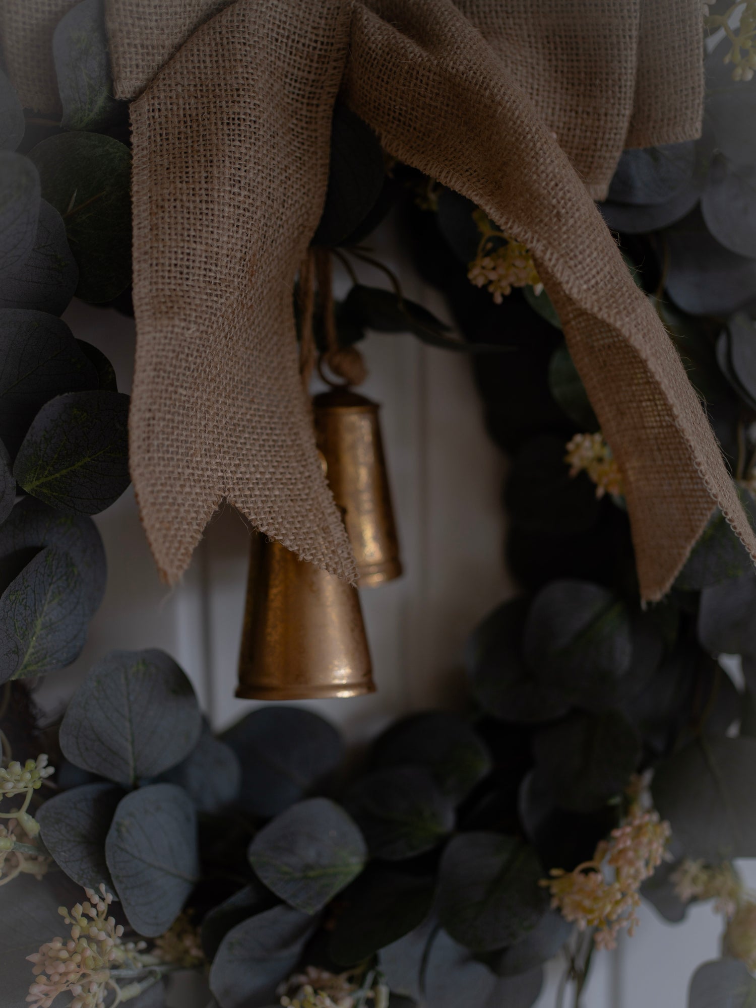 Luxury Faux Christmas Eucalyptus Wreath with Burlap Bow and Bells