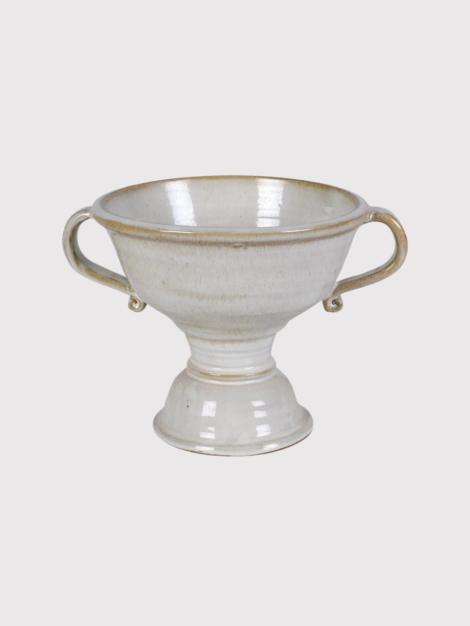 White ceramic urn vase with handles on a light gray background