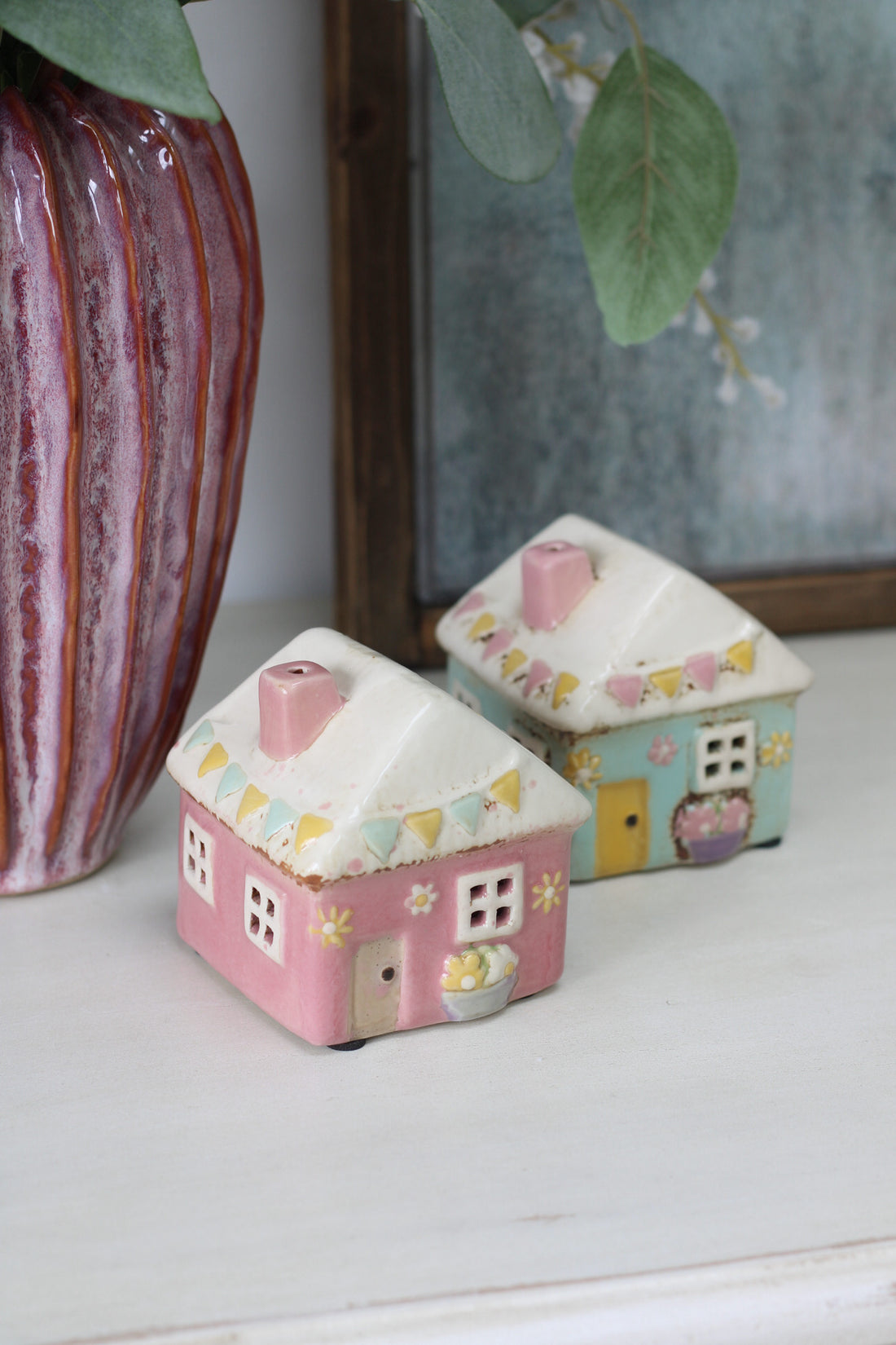 Mini Ceramic Spring Cottage with Bunting Tea Light Holder
