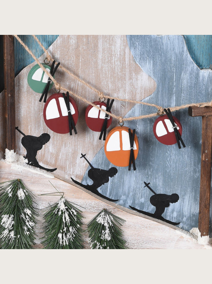 Decorative banner with skiers and skis on a wooden background