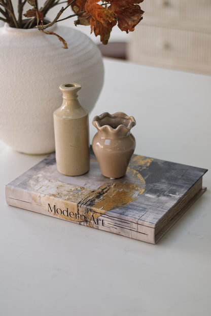 Moonlight Modern Art Storage Book Box with small vase with fluted edge and cream ink pourer bottle