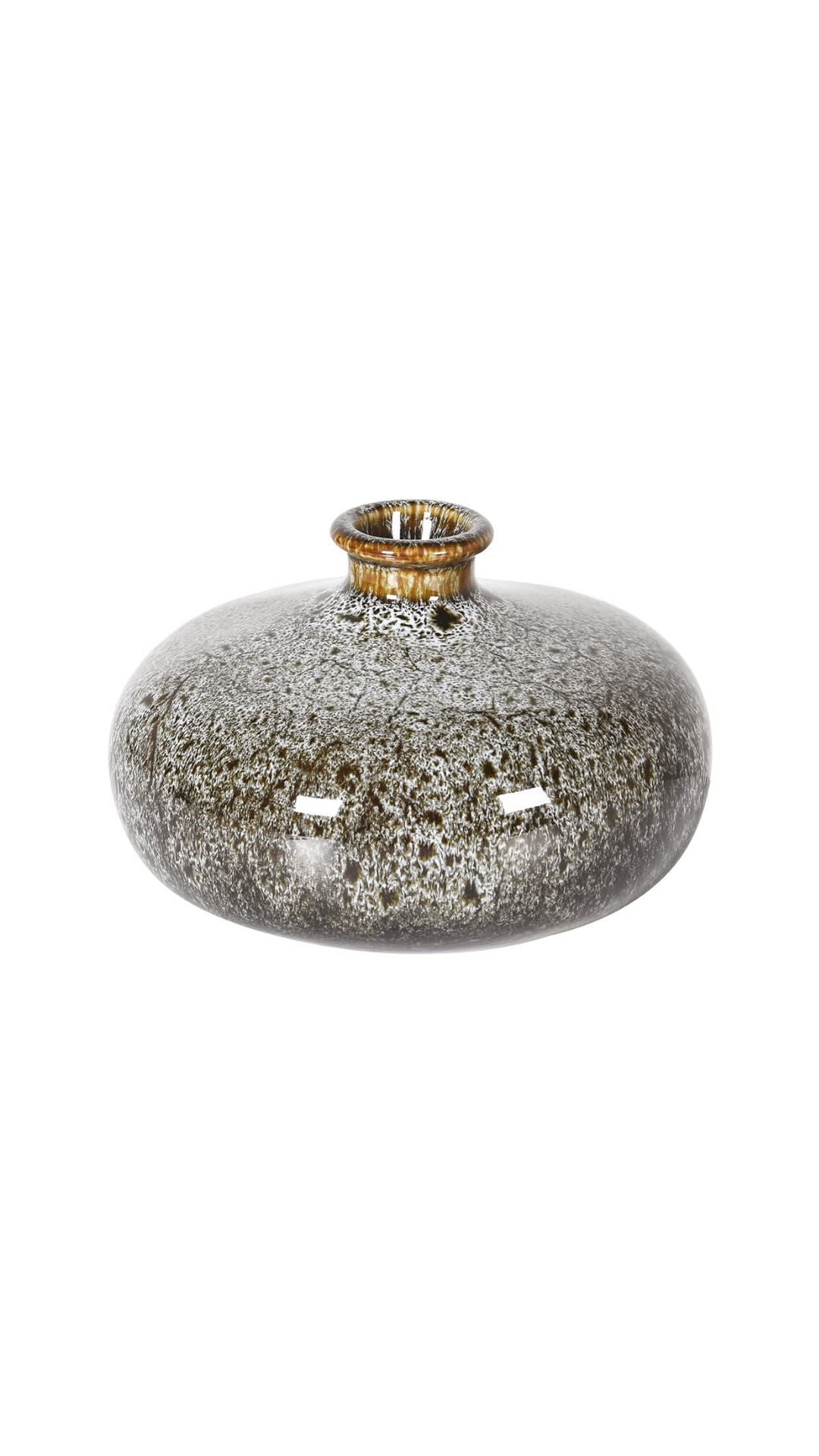 Decorative mottled grey bud vase with a textured surface and gold rim on a white background