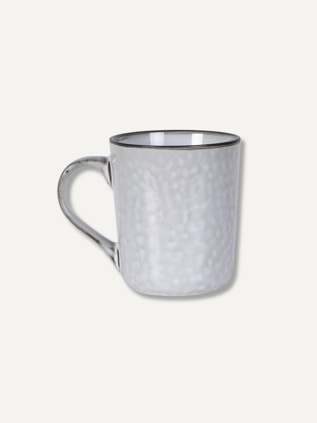 A light gray ceramic mug with a textured, speckled finish and a thin dark rim, shown against a solid off-white background.
