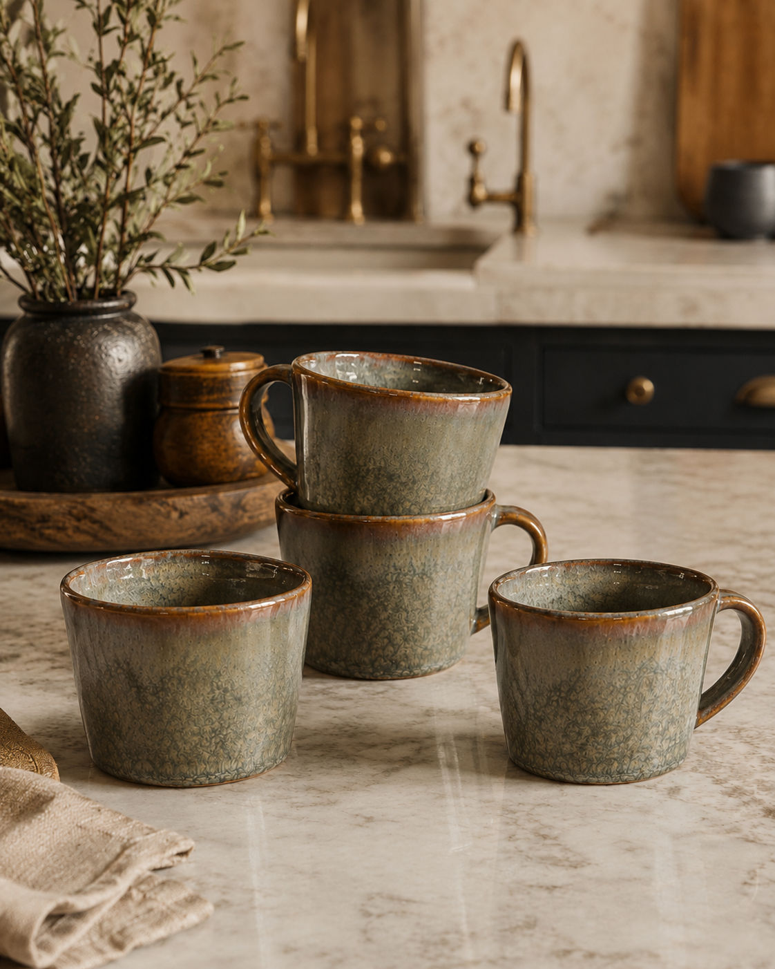 Set of brown and khaki stoneware mugs on a kitchen counter with a rustic aesthetic.