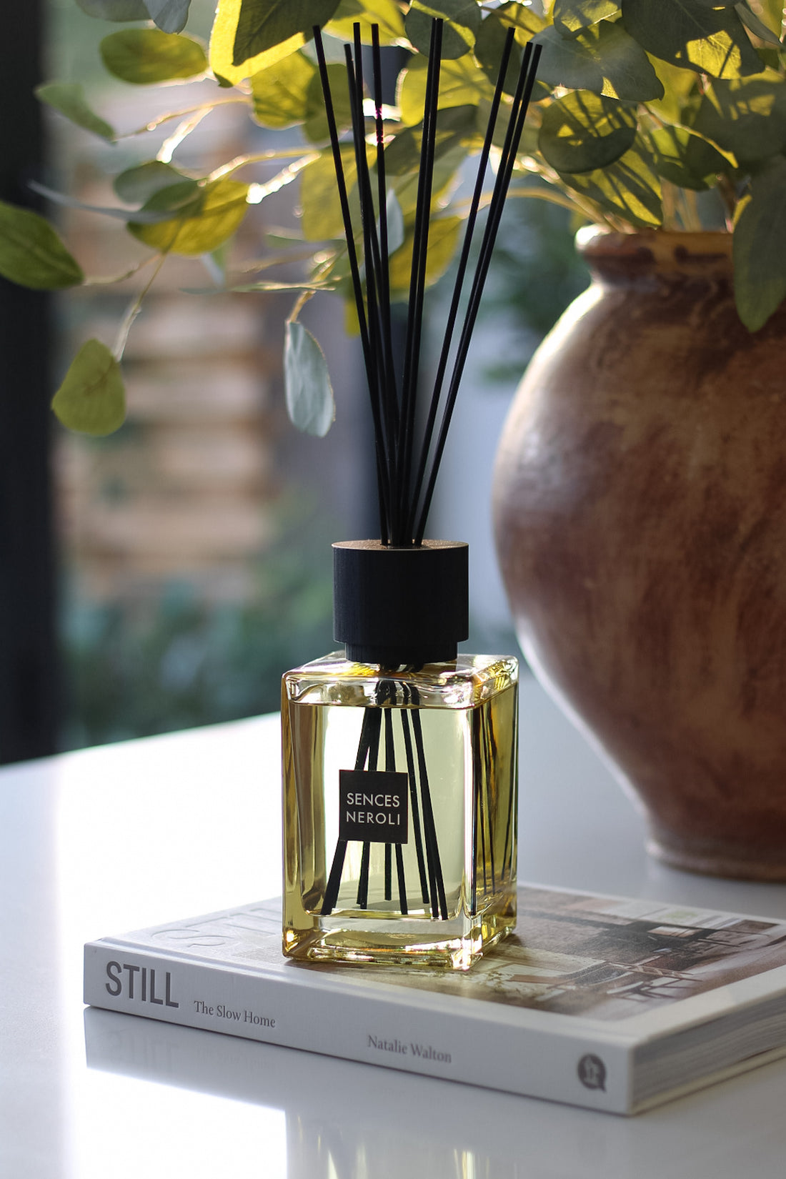 Neroli diffuser bottle with sticks on a book next to a vase with greenery