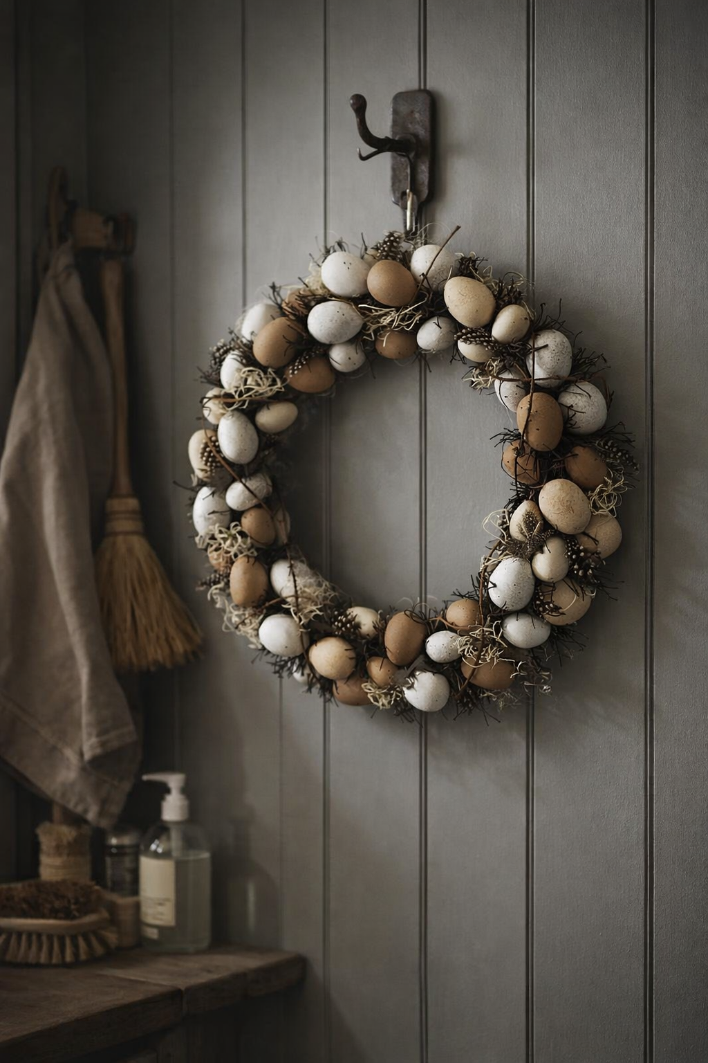 Decorative wreath with eggs and natural elements on a wooden wall.