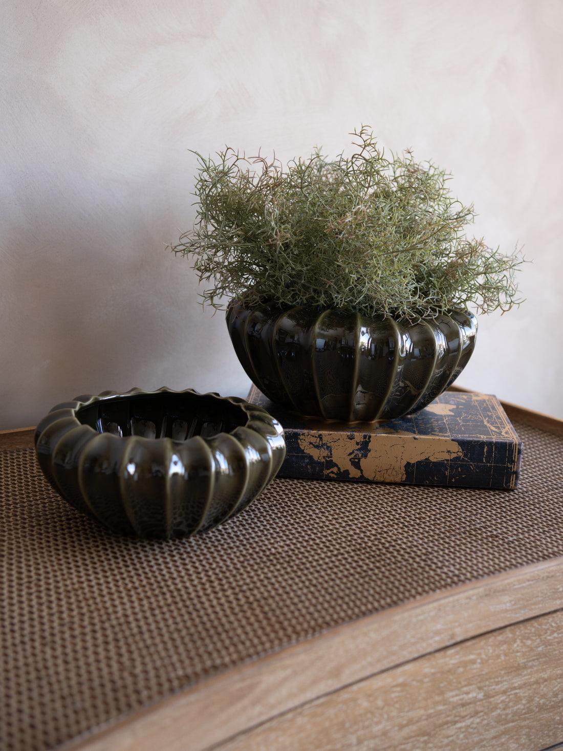 Two dark olive green planters with plants on a textured surface