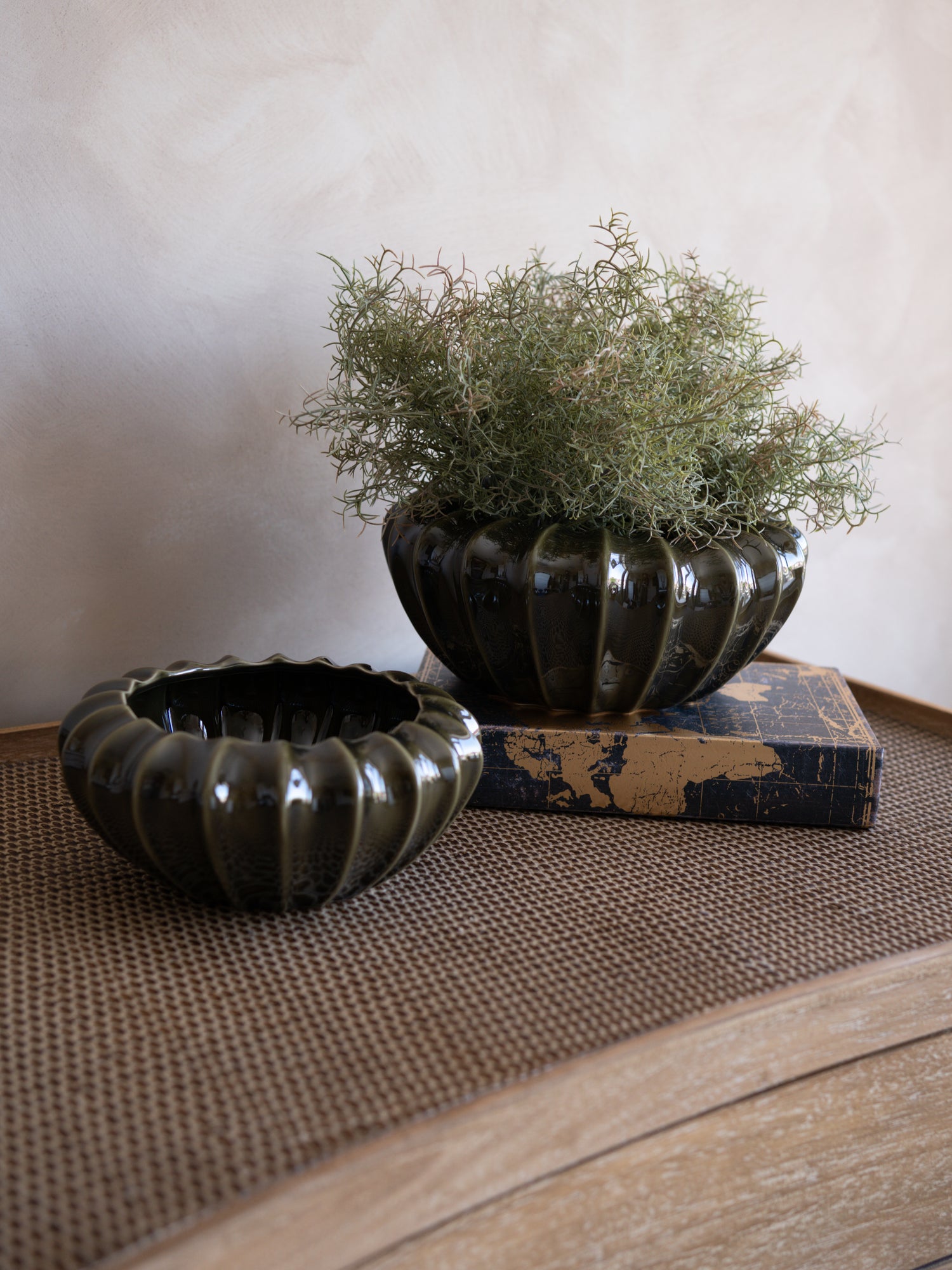 Two dark olive green planters with plants on a textured surface