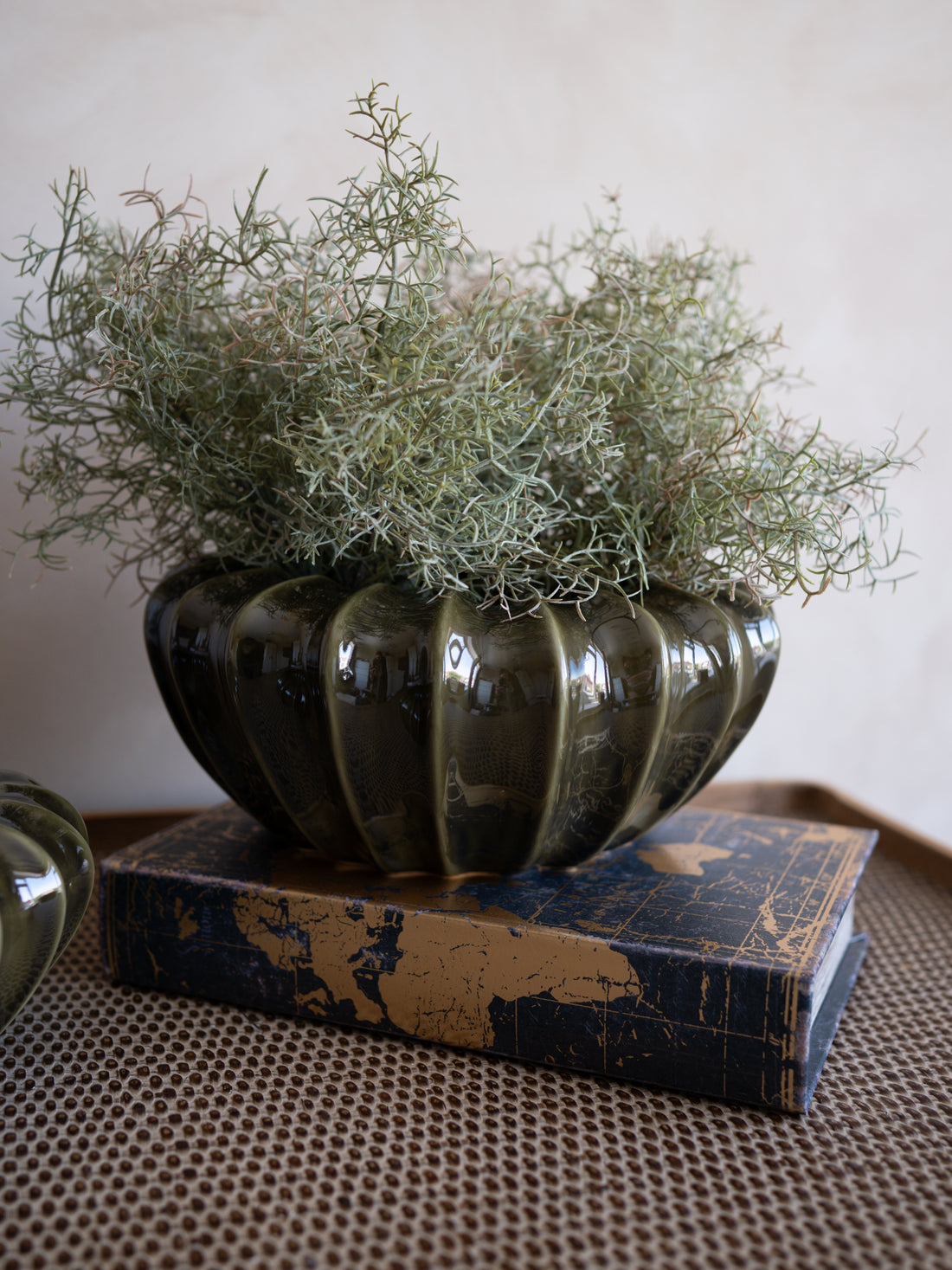 Decorative olive green pot with plants on a textured surface