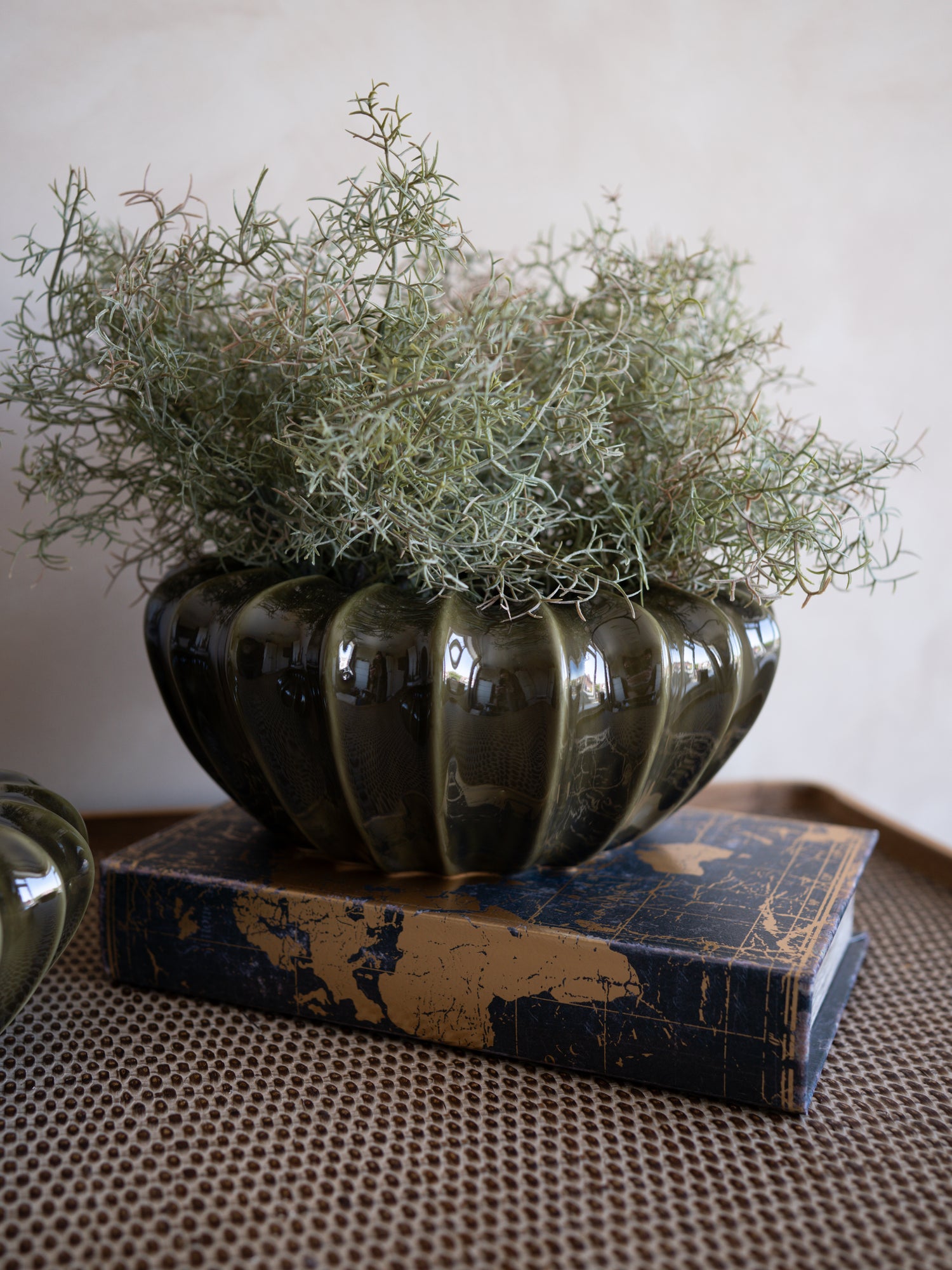 Decorative olive green pot with plants on a textured surface