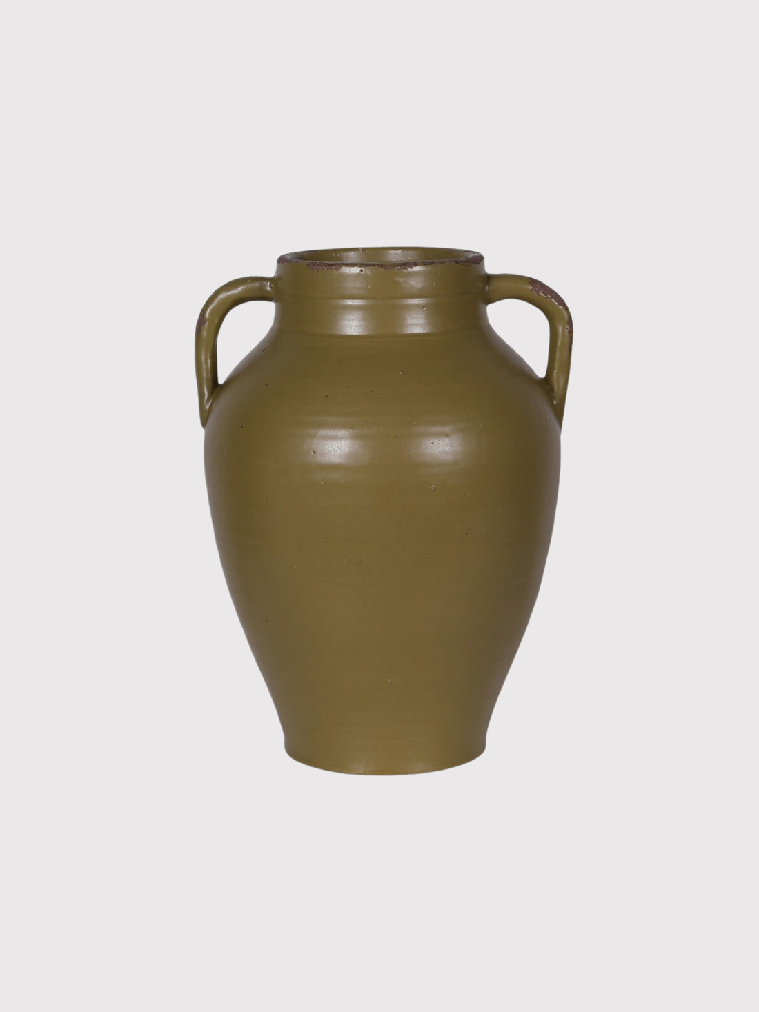olive green tall ceramic vase with handles on a light gray background