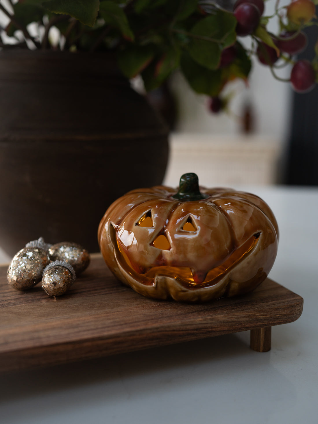 Orange Glazed Ceramic LED Pumpkin Ornament