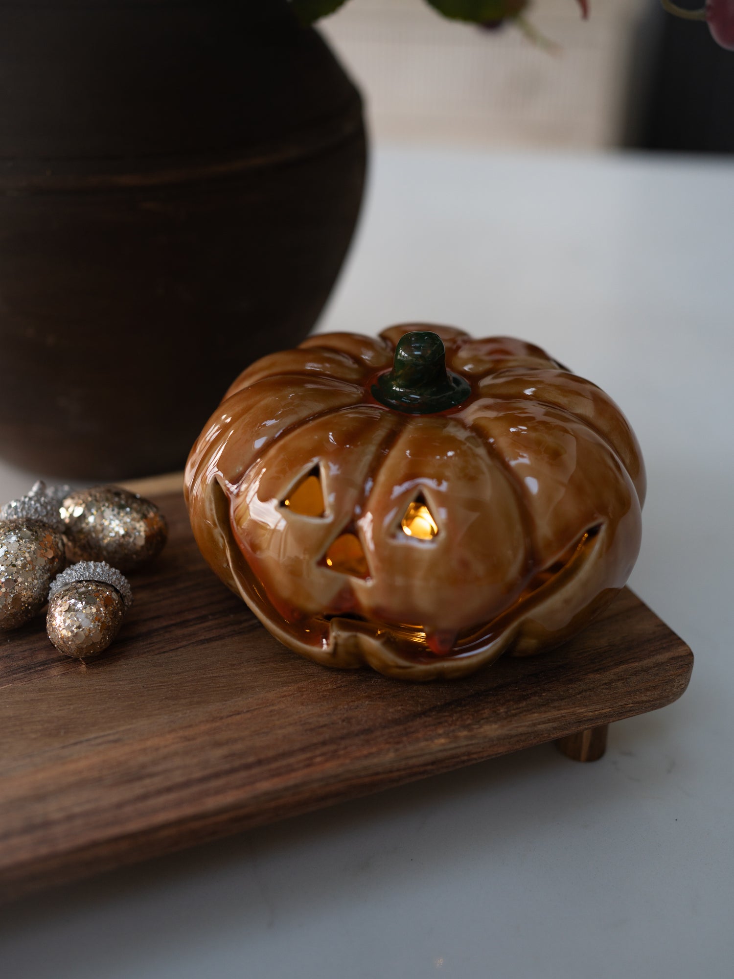 Orange Glazed Ceramic LED Pumpkin Ornament