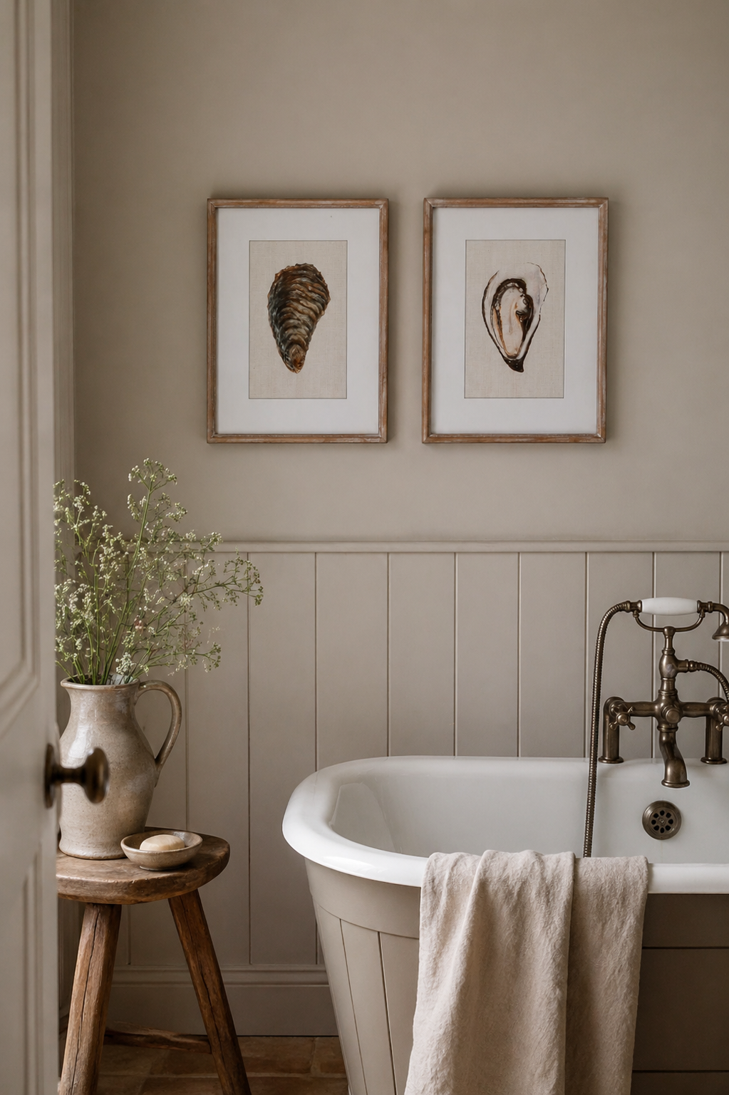 framed wall art with oyster design in modern country style bathroom