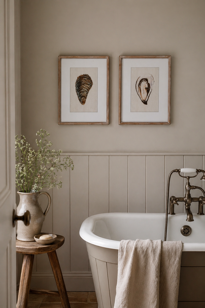 framed wall art with oyster design in modern country style bathroom
