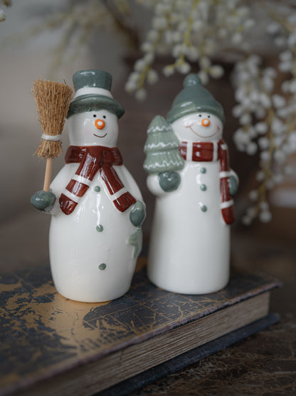 Pair of Ceramic Snowmen with Sage Scarfs