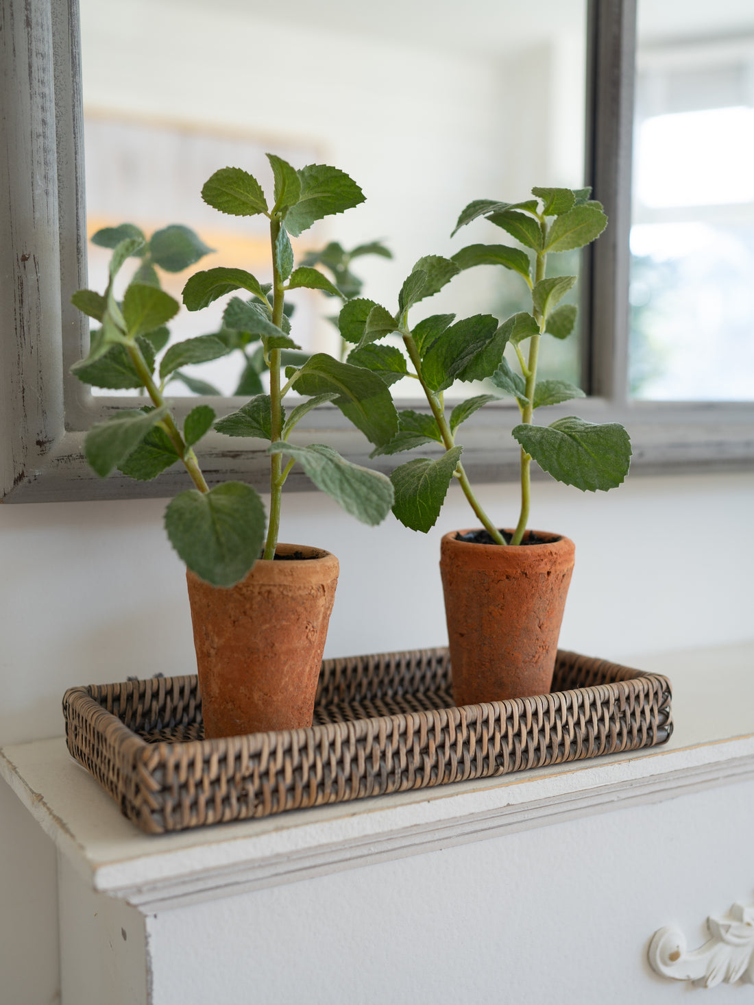 Two potted faux herb plants on a woven tray in front of a window.