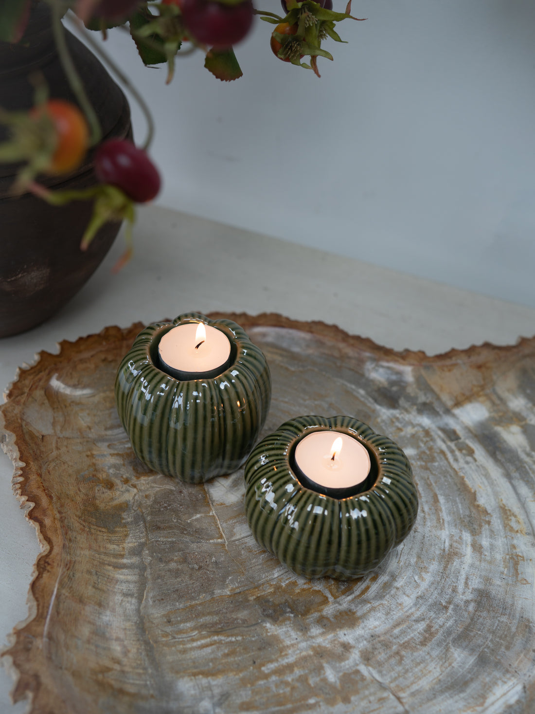 Pair of Stoneware Green Pumpkin Tea Light Holders