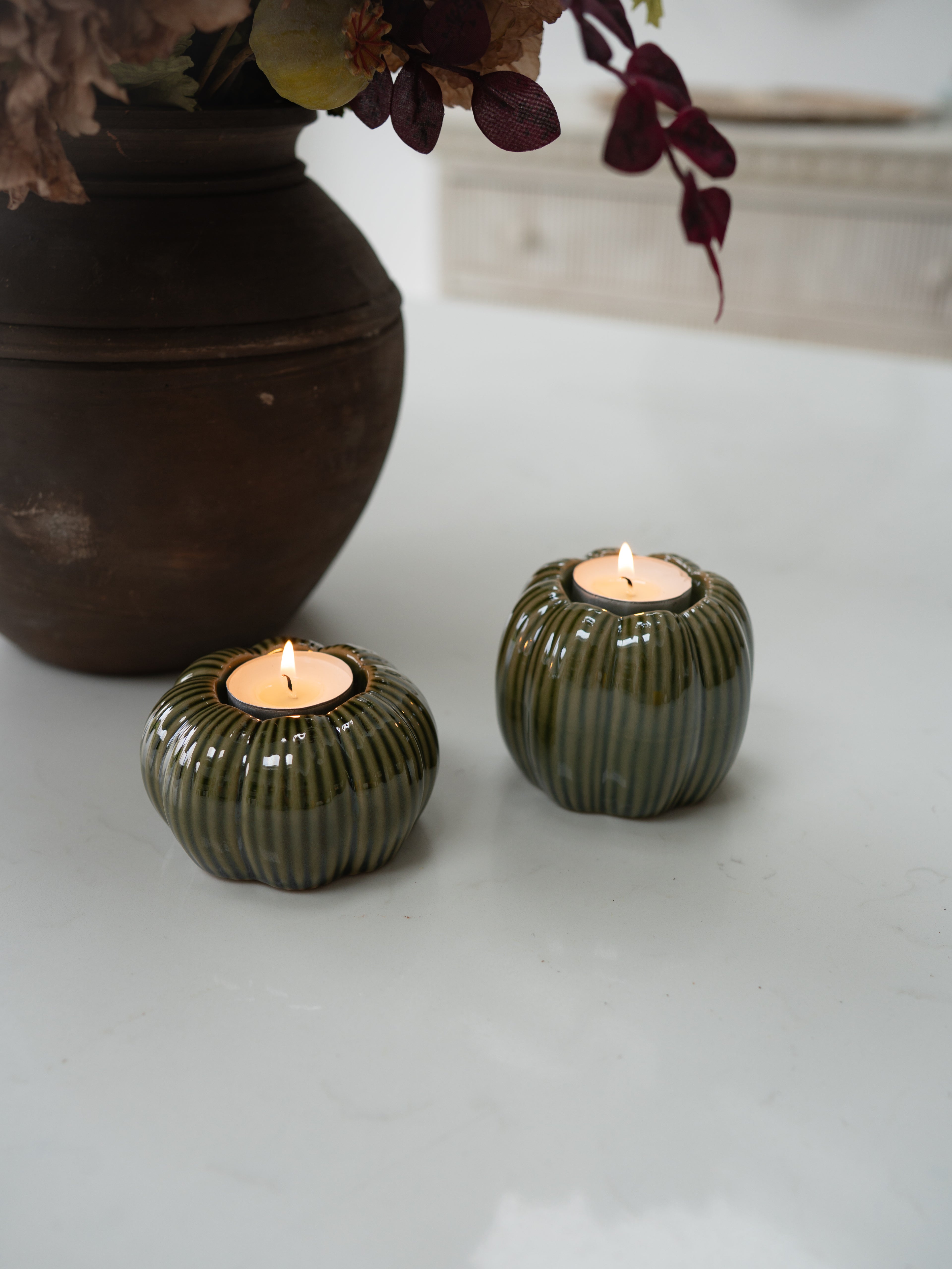 Pair of Stoneware Green Pumpkin Tea Light Holders