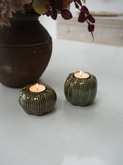 Pair of Stoneware Green Pumpkin Tea Light Holders
