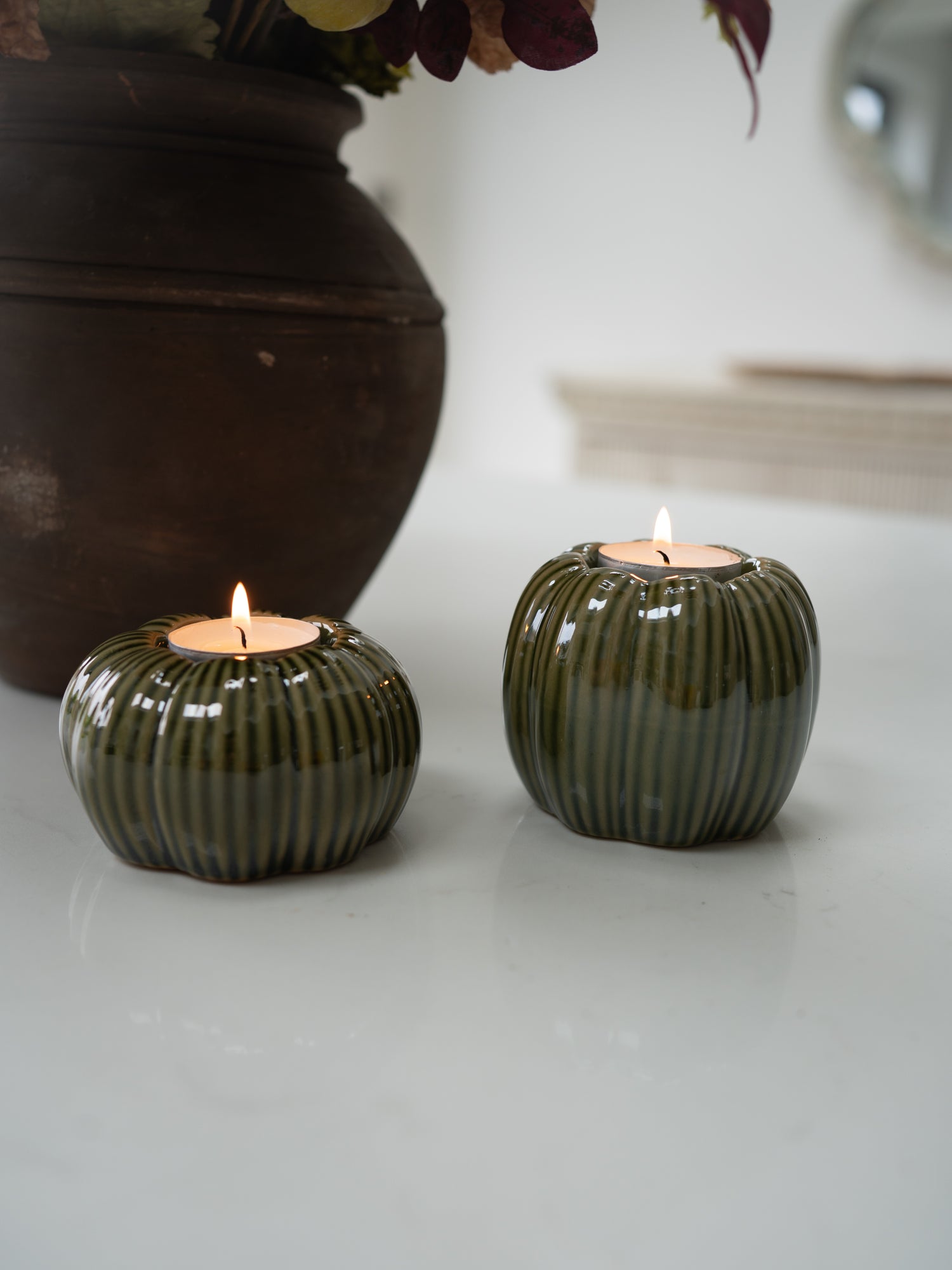 Pair of Stoneware Green Pumpkin Tea Light Holders