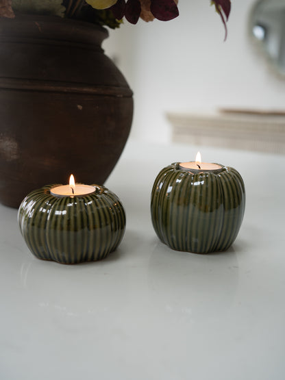Pair of Stoneware Green Pumpkin Tea Light Holders