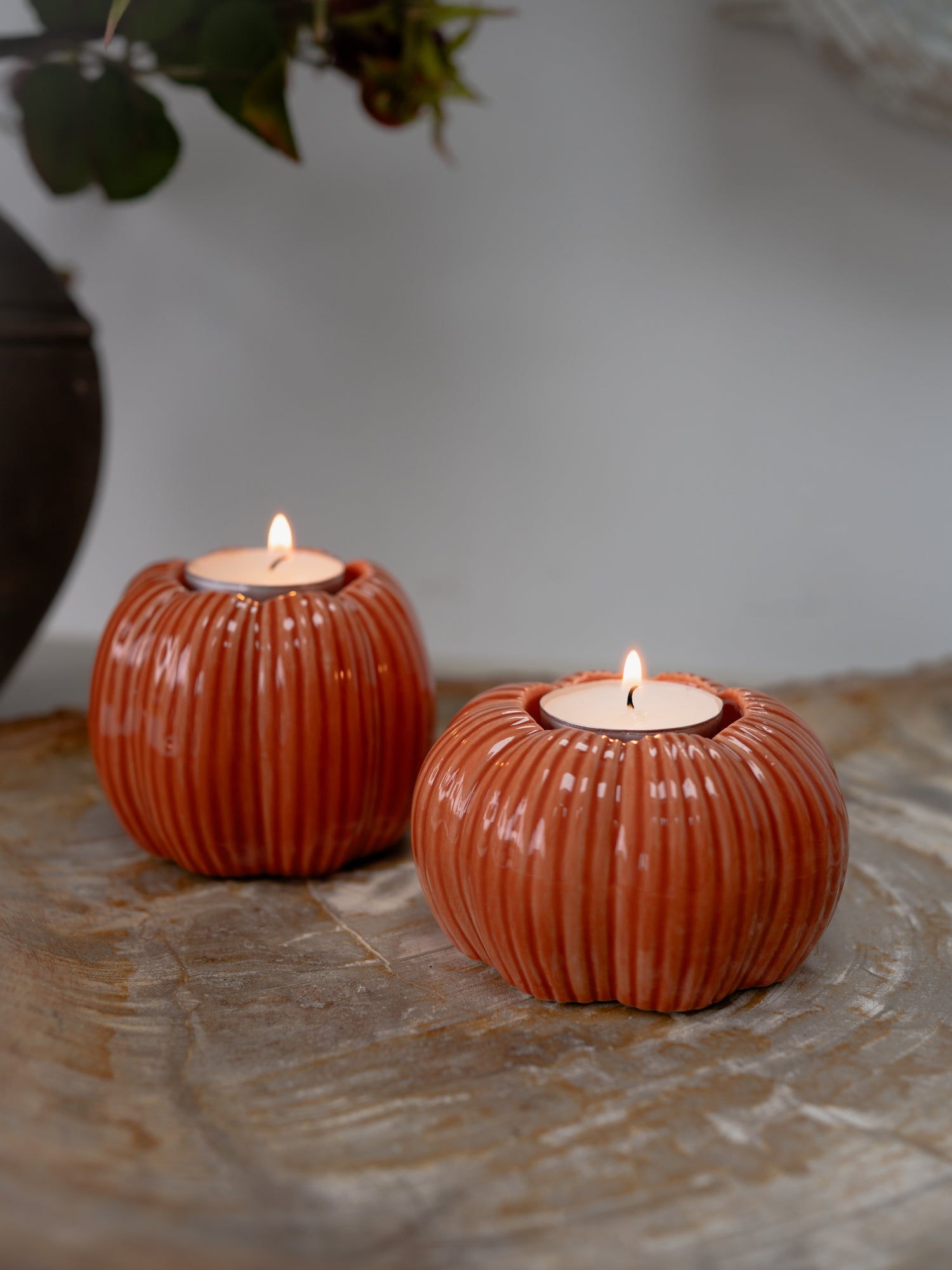 Pair of Stoneware Orange Pumpkin Tea Light Holders