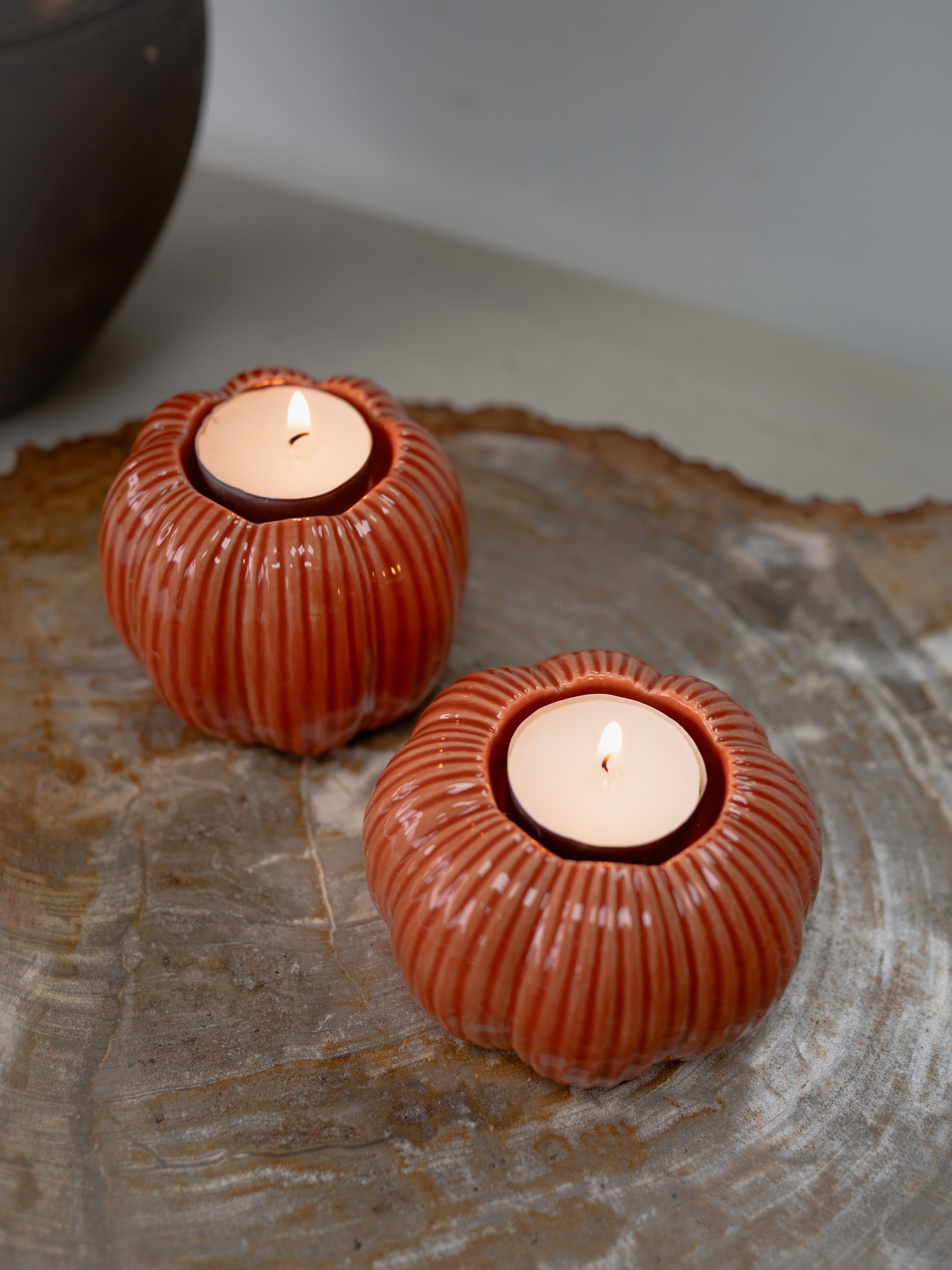 Pair of Stoneware Orange Pumpkin Tea Light Holders