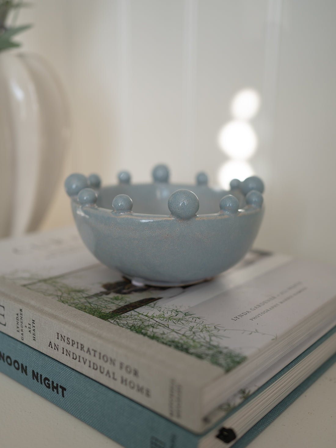 Light blue ceramic bowl with spherical design on top of books
