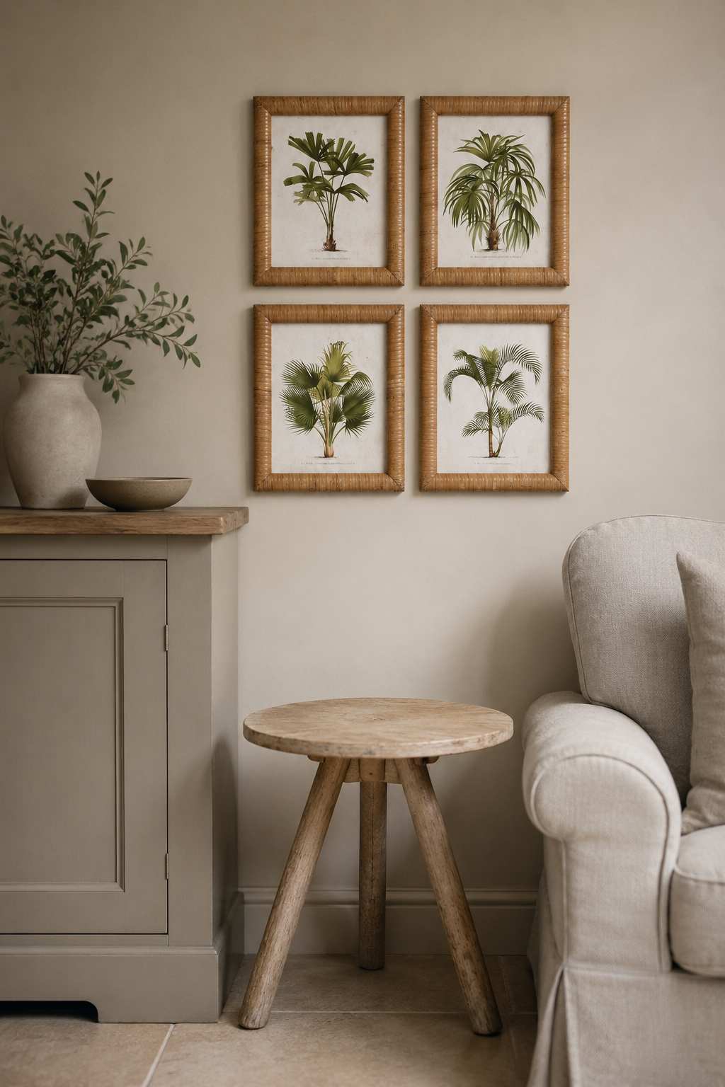 Nestled corner of a room with a wooden cabinet, stool, and beige sofa, featuring framed botanical prints on the wall.
