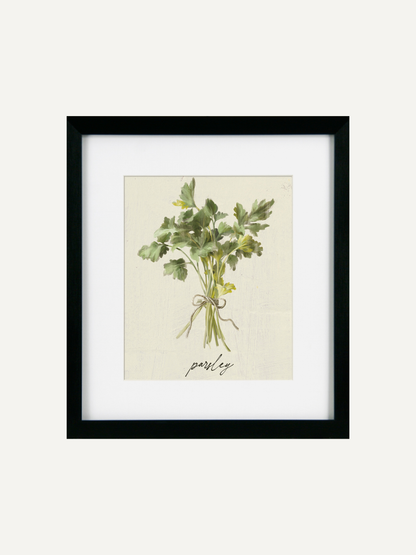 Framed artwork of a bouquet of parsley on a beige background
