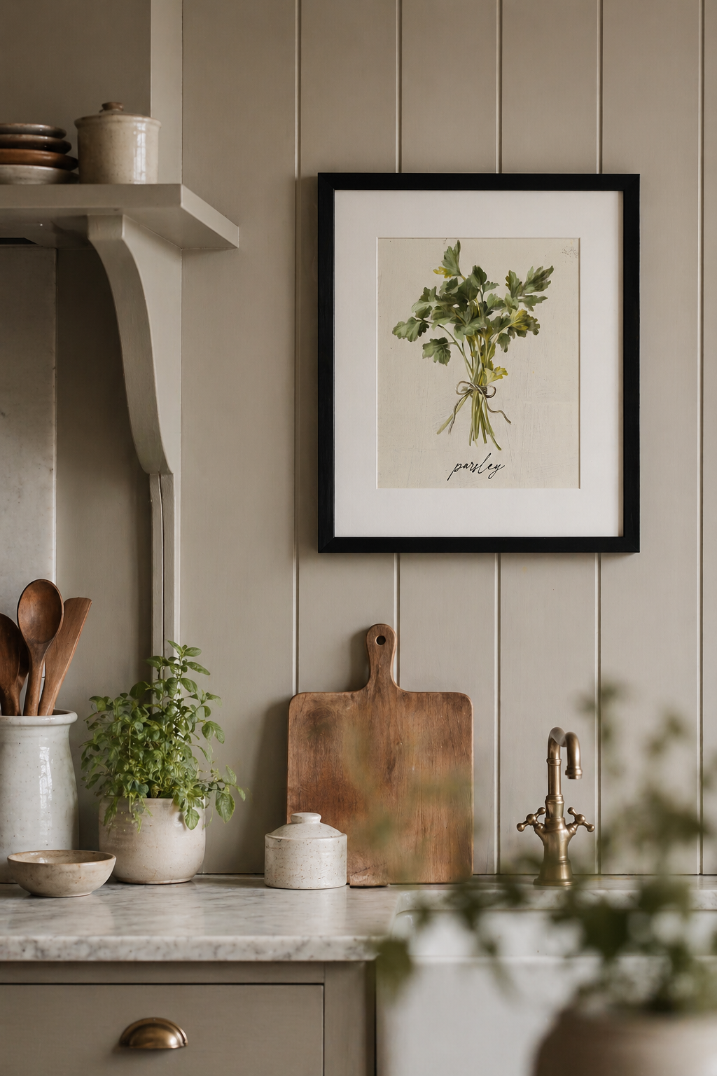 Parsley Cottage Herbs Wall Art in modern country style kitchen with tongue and grooved panelled wall painted in mouses back