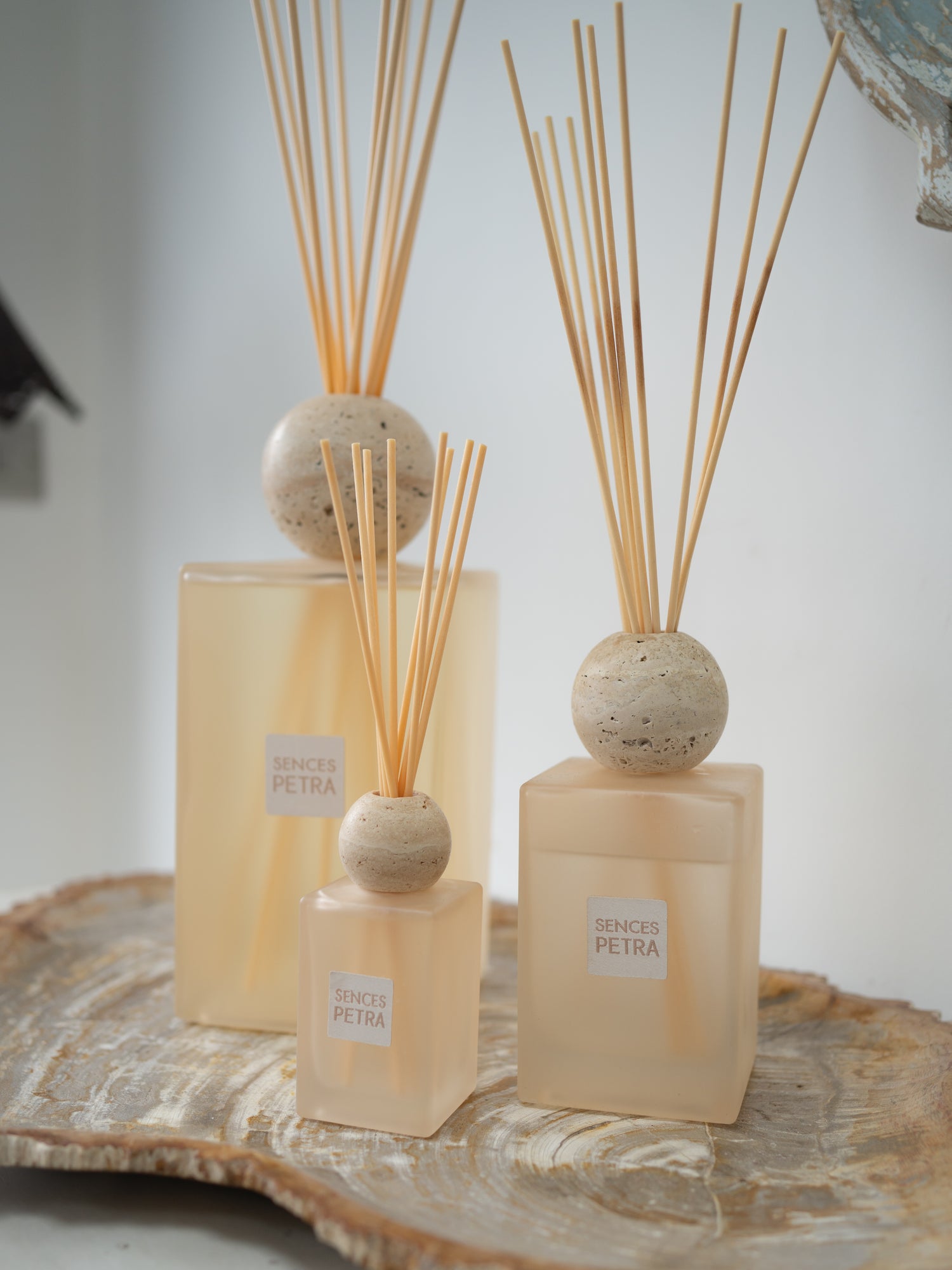 Three Sences Petra reed diffusers in varying sizes arranged on a natural fossilled wood slice tray against a soft, light gray background.