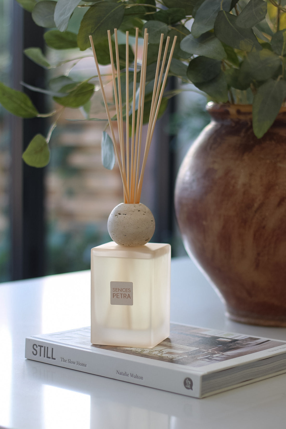 Decorative diffuser with wooden sticks on a book, surrounded by greenery