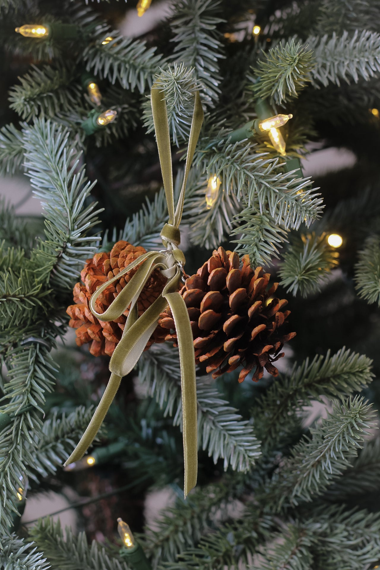 Pinecone Christmas Tree Decoration with Sage Velvet Ribbon Bow