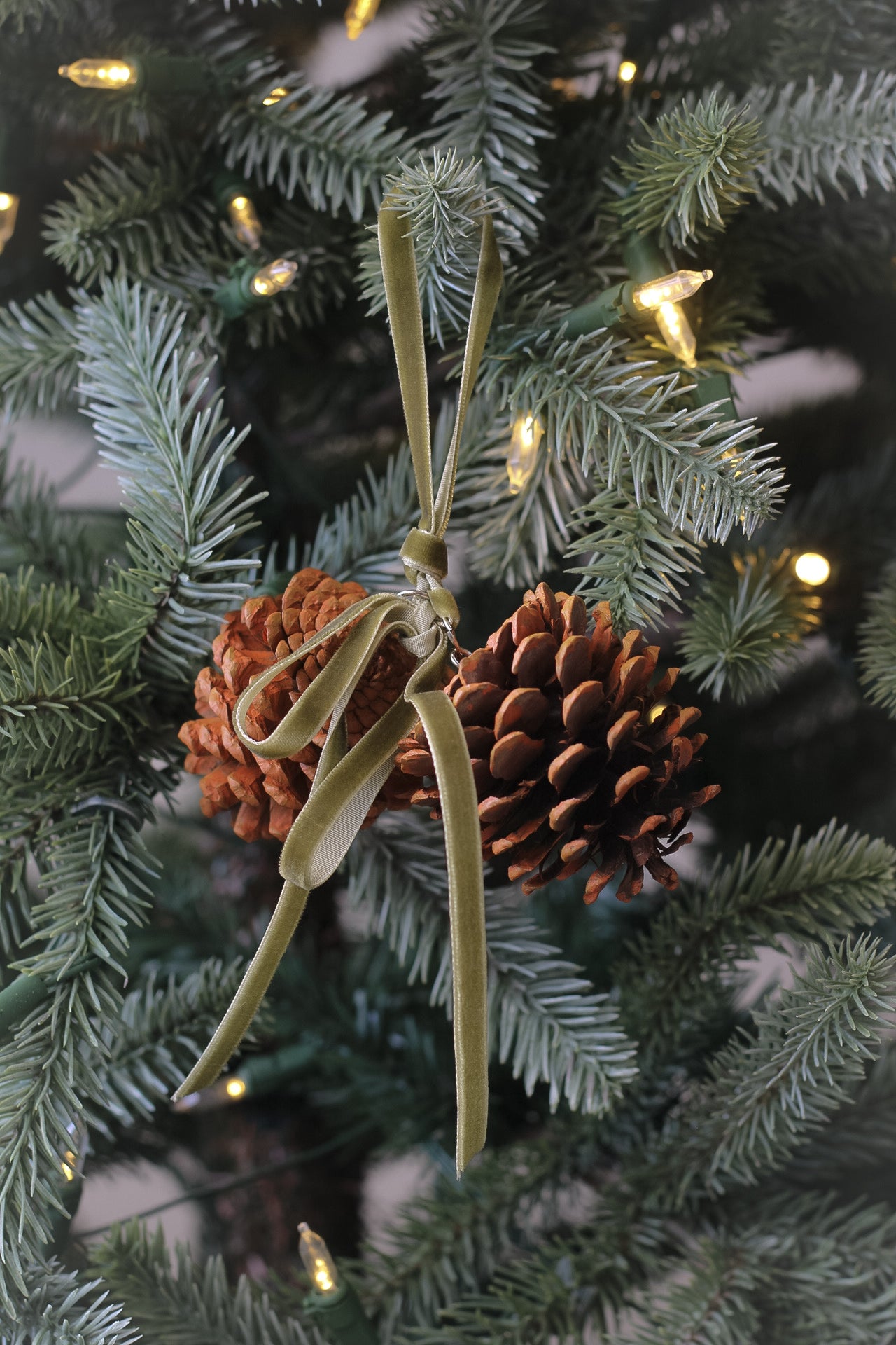 Pinecone Christmas Tree Decoration with Sage Velvet Ribbon Bow