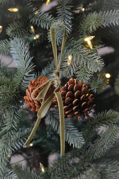 Pinecone Christmas Tree Decoration with Sage Velvet Ribbon Bow