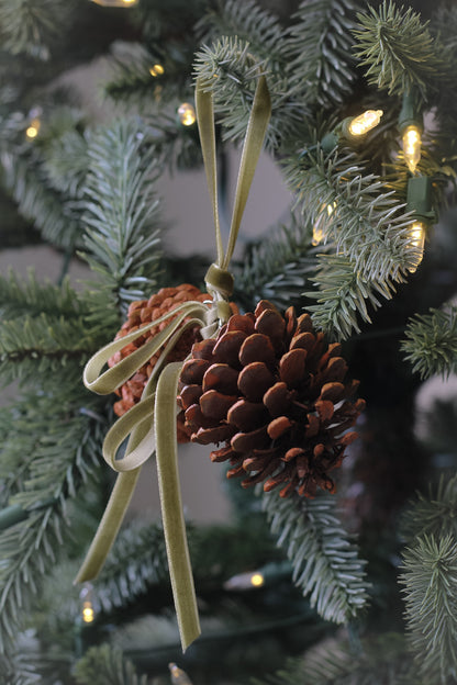 Pinecone Christmas Tree Decoration with Sage Velvet Ribbon Bow