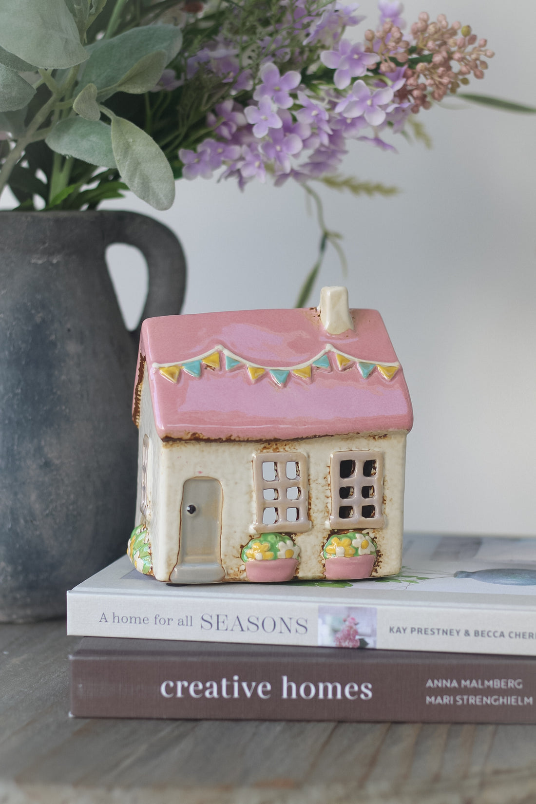 Pink Ceramic Spring Cottage with Bunting Tea Light Holder